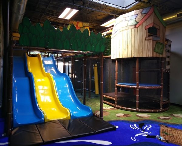 Go Play Systems Custom Design: tree house theming, fiberglass wave slide, river, fish, forrest animals in carpet